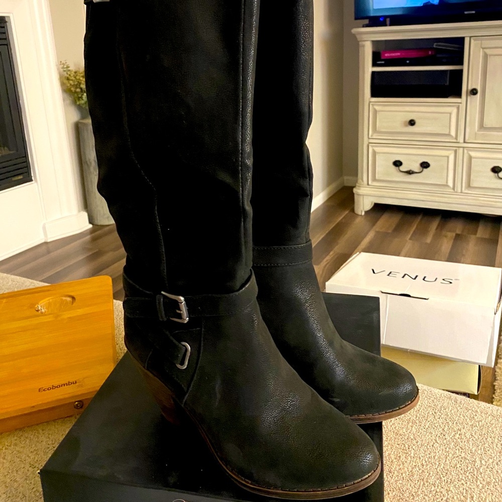 Georgie Warren Tall Black Buckle Boots, Size 8
